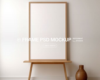 Maqueta de marco vertical A3: Plantilla PSD de marco de madera (descarga digital)