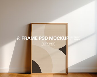 Maqueta de marco de madera A3: Plantilla PSD vertical (descarga digital)