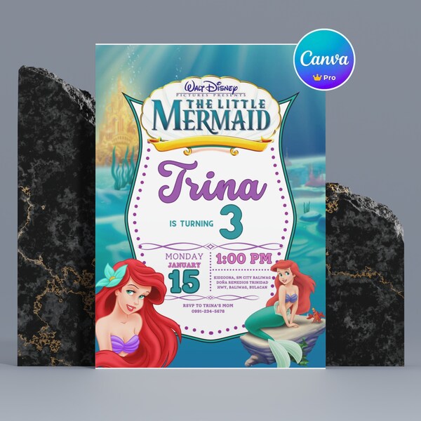 Editable Little Mermaid Birthday Invitation | Canva Template for Instant Digital Download | Ariel the Little Mermaid Invitation |  Digital