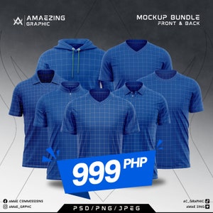 May include: A mockup bundle of five blue shirts, including a hoodie, a v-neck t-shirt, and three polo shirts. The shirts are laid out on a gray background with a blue price tag that reads "999 PHP" and the text "PSD/PNG/JPEG".