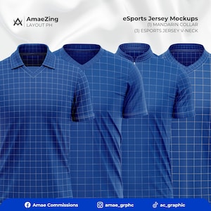 Peut inclure: Quatre maquettes bleues de maillots d'esports avec un motif quadrillé. Les maillots ont des encolures différentes, dont un col mandarin et un col en V. Le texte "eSports Jersey Mockups" est en haut de l'image. Le texte "(1) MANDARIN COLLAR" et "(3) ESPORTS JERSEY V-NECK" est sous le titre.