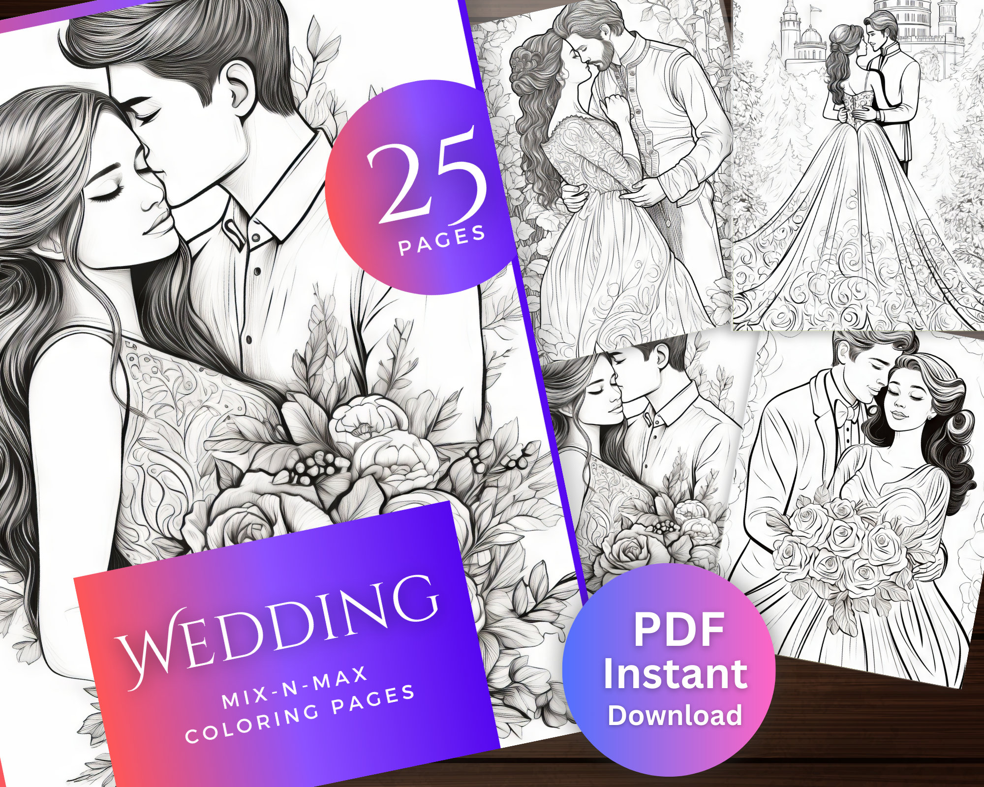 Wedding Coloring Book, Couple Coloring Book Pages, Floral Girl Coloring