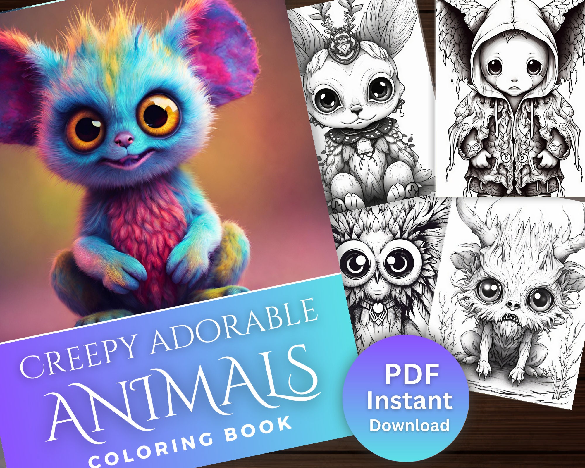 Creepy Cute Animals Coloring Book, Digital Coloring Book for Adults ...