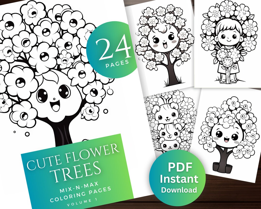 Floral Coloring Page, Cute Flower Trees Coloring Book, Boho Coloring ...