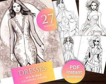 Women Dress Coloring Pages, Fashion Coloring Pages, Stress Relief Activity Pages, Beautiful Coloring Digital Download