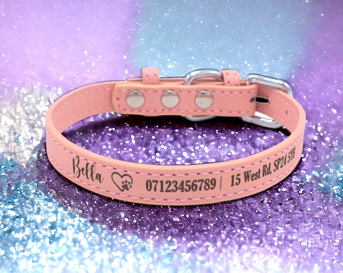 Pink custom engraved PU leather pet collar - charming personalised collar for cats or small dogs, perfect unique gift for pet lovers.