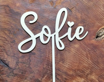 Cake topper personalized made of wood with name lettering birthday cake topper