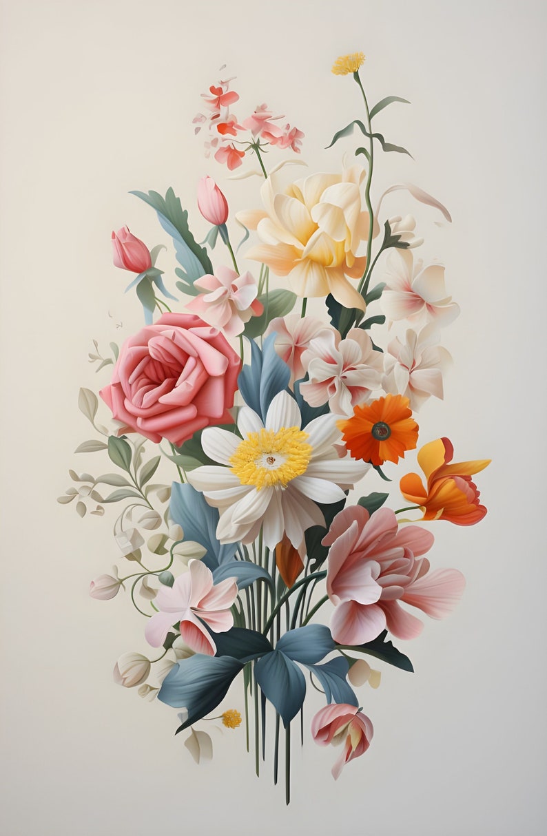 Op de afbeelding: Een boeket bloemen in tinten roze, wit, geel en oranje. Het boeket bevat rozen, madeliefjes en andere bloemen.