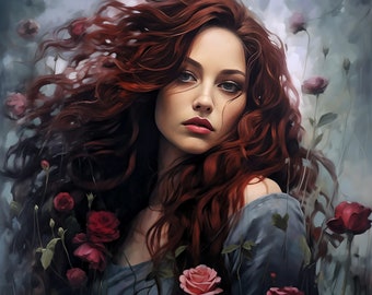 MOODY DIGITAL PRINT | Oil Painting | Redhead Woman | Red Roses Downloadable