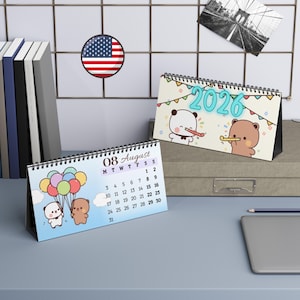 Kalendarz Bubu Dudu 2026 USA, ilustrowany kalendarz biurkowy, miesięczna sztuka