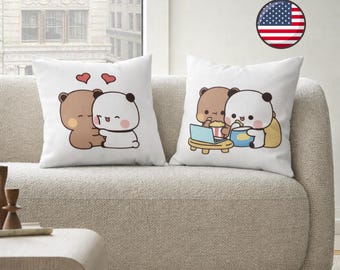 Bubu Dudu Couple Pillow Set USA: Romantic Panda Bear Cushion, Polyester Cover