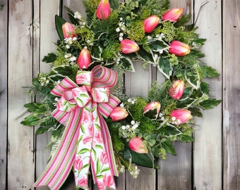 Beautiful Pink Greenland Tulip and Gypsophelia Spring Front Door Wreath Home Decoration . Free Mainland UK Delivery.