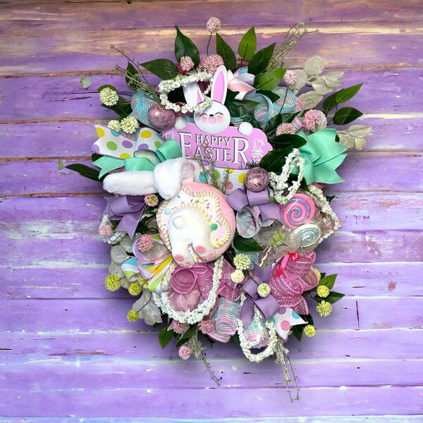 Luxury Ready To Ship XL Easter Bunny Pink Sparkly Fun Spring Door Wreath With Faux Lollipops, Eggs & Florals Fun Decoration Free UK Delivery