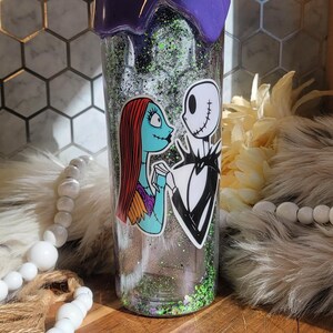 Sally Jack Skellington Nightmare 16oz Double walled dry glitter snowglobe tumbler purple epoxy drips coffee cup water cup