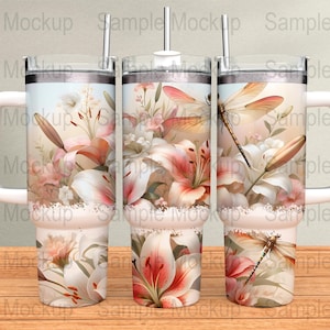 Floral Dragonfly Tumbler Wrap: Lilies Design (40Oz PNG Digital Download)