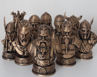 Viking Bust Statues Set, Norse Mythology Odin Thor Valkyrie Sculptures, Hand-Painted Antique Gold Effect