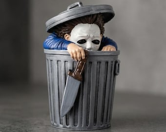 Masked Horror Trash Can Figurine, Gothic Slasher Shelf Decor, Spooky Collector Item