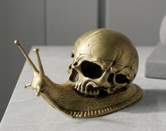 Golden Skull Snail Sculpture, Gothic Dark Academia Ornament, Halloween Decor