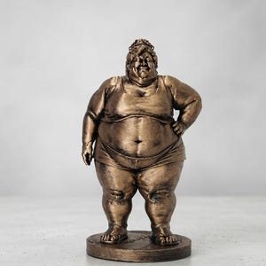 Könnte beinhalten: Eine bronzefarbene Skulptur einer fülligen Person, die auf einem runden Sockel steht. Die Figur trägt ein Tanktop und eine kurze Hose, eine Hand ruht in der Hüfte, mit einem lächelnden Gesichtsausdruck und einer metallischen Oberfläche.