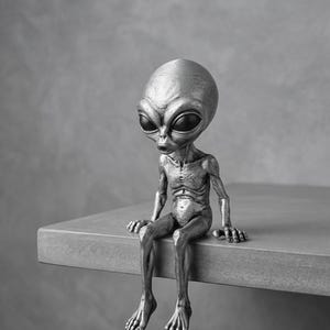 Alien hyllsitterstaty, grå alienfigur, sci-fi-heminredning, UFO-älskare, utomjordisk skrivbordsdekoration, gotisk rumsdekoration