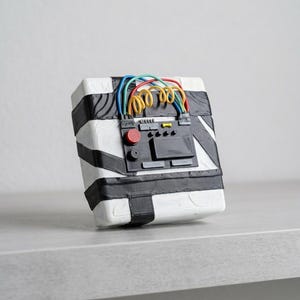 Puede incluir: Un bloque cuadrado blanco envuelto en cinta negra, con un panel de control negro que incluye un botón rojo, un pequeño componente amarillo y varios cables azules, amarillos y rojos arqueados sobre la parte superior de la interfaz.