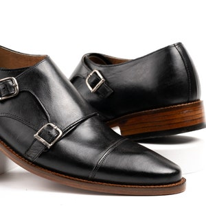 Handsole Black Shoe Double Buckle Cap Toe Monk Shoes Made To Order Perfect Gift For Him
