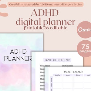 ADHD Planner Adults, ADHD journal, adhd planner for work, adhd organization, adhd digital planner - Printable and Editable Canva