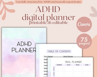 ADHD Planner Adults, ADHD journal, adhd planner for work, adhd organization, adhd digital planner - Printable and Editable Canva
