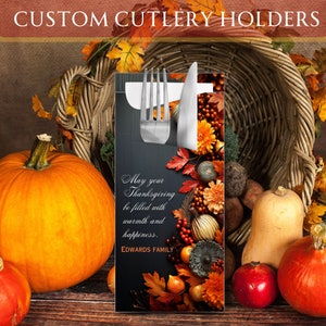 Personalisierte Thanksgiving-Besteckhalter mit Premium-Servietten | Abendessen, Design, Tischlandschaft, Geschenk, Ideen, Dekoration, Karten, Andenken, Einladung