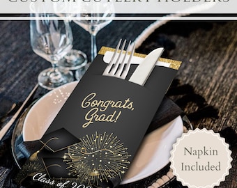 Personalized Graduation Cutlery Holders with Premium Napkins | Party Decorations, Celebration Keepsake, Utensil Holder, Supplies, Tableware