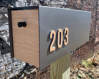 Post Mounted Mailbox, Modern Design, Woodgrain Aluminum Composite, Custom Address Numbers