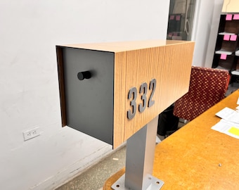 Post Mounted Mailbox, Modern Design, Woodgrain Aluminum Composite, Custom Address Numbers