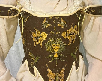 Reversible chest corset with hand-painted, upcycle corset, corset with flowers, one of a kind corset, historical corset