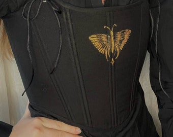 Reversible chest corset with hand-painted with butterfly, black corset, tapestry corset, upcycle corset