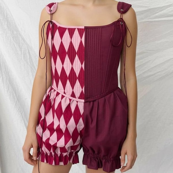 Hand-Painted Diamond Clown Costume, Baroque Corset, Ruffle Shorts