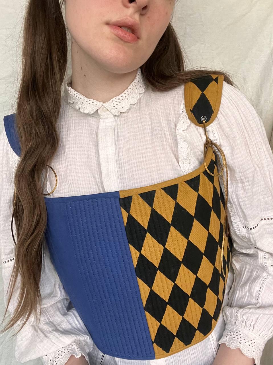 Borstkorset barok nar geel-blauw, kleuren Buffoon middeleeuwse cosplay, barok nar, korset, narren korset, handgeschilderd korset