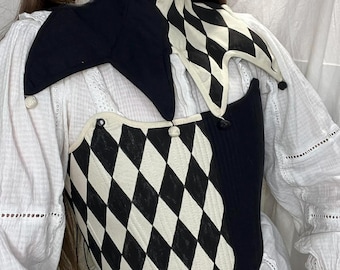 Buffoon Costume black and beige, Collar and corset Medieval Cosplay, Baroque Jester, Jester corset, Hand Painted corset