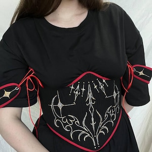 Double-sided underbust black corset with hand-painted abstract lines, corset with swords, floral corset, black gothic corset