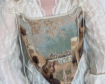 reversible corset with tapestry medieval painting, fairycore corset top, renaissance style