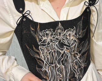 Reversible chest corset with hand-painted picture primavera botticelli, black corset, upcycle corset