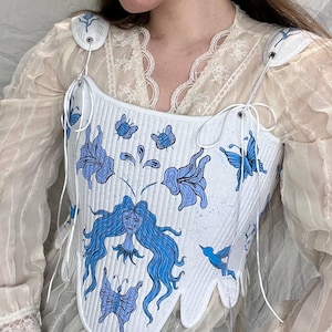 Hand-painted double-sided bust corset, corset, wedding corset, white corset, corset with flowers, unique corset, historical corset