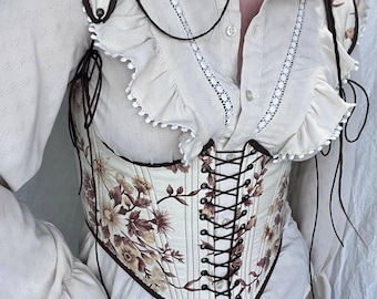 Handmade Reversible Floral Corset, Lace-Up Satin Underbust Belt
