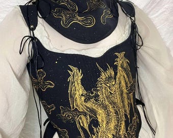 costume with golden dragon, reversibl historical corset, neck corset hand-painted, black jacquard medieval corset, collar