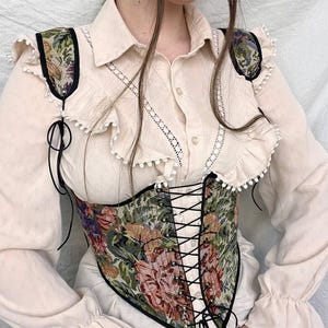 Reversible tapestry handmade corset top with lacing front, floral corset, medieval corset, black corset belt underbust
