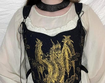 historical corset with a golden dragon, reversible chest corset with hand-painted, black jacquard medieval corset