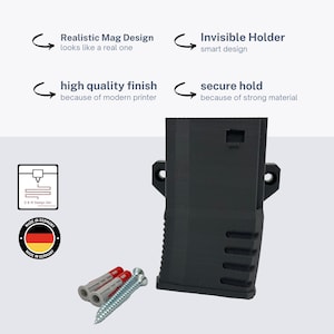 May include: Black plastic magazine holder with a realistic design. The holder is mounted to a wall with screws. The holder is made in Germany.