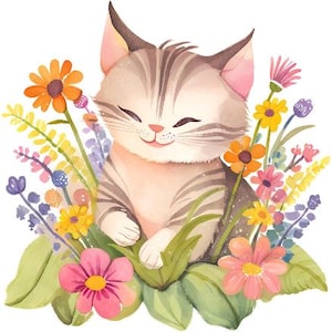 10 Cat with Flowers, Cat Cartoon, Illustration, Printable Clipart, High-Quality JPGs, Digital Download, Paper Craft, Journals