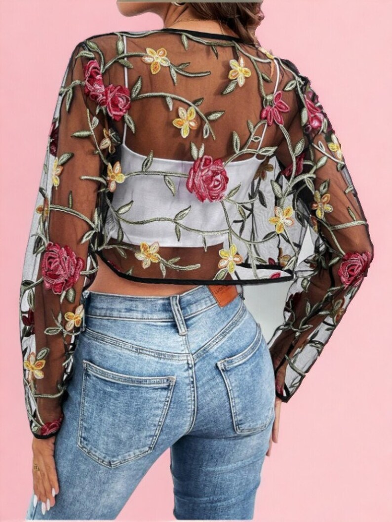 Women's Floral Embroidered Sheer Mesh Open Front Jacket Long Sleeve ...