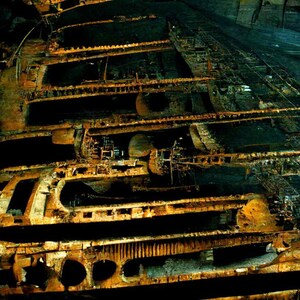 May include: A close-up view of the rusted metal framework of a sunken ship. The metal is a dark orange color and is covered in barnacles and other marine life.
