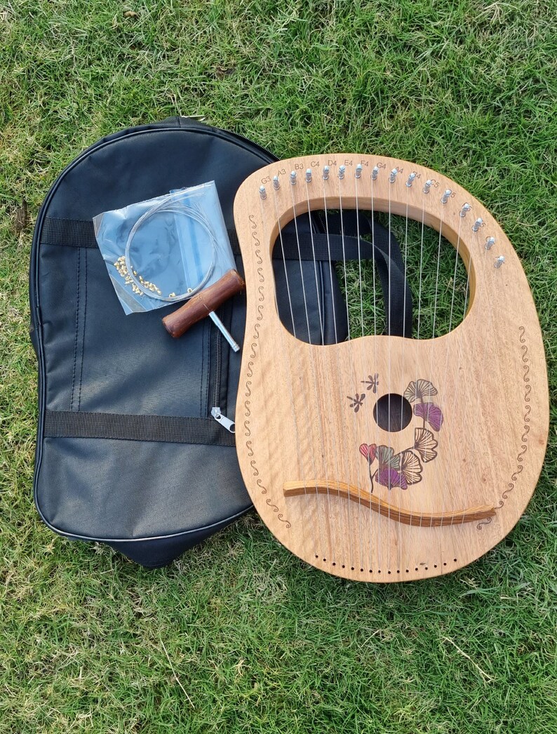 16 String Lyre Harp Lotus Leaf Carving, Vintage Color Mahogany Lyre, Wooden Stringed Instrument